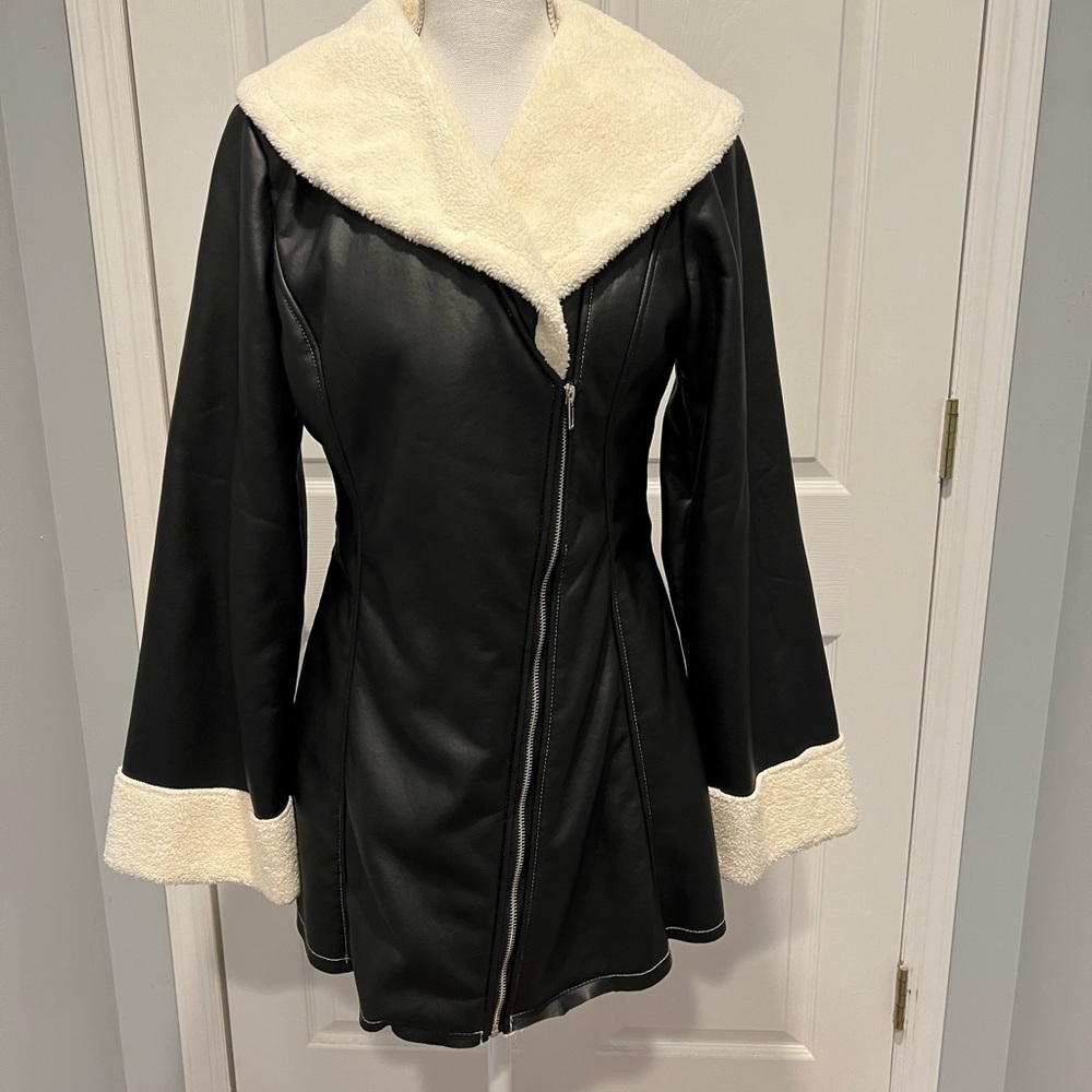SHEIN Black faux Leather Jacket with Cream Trim